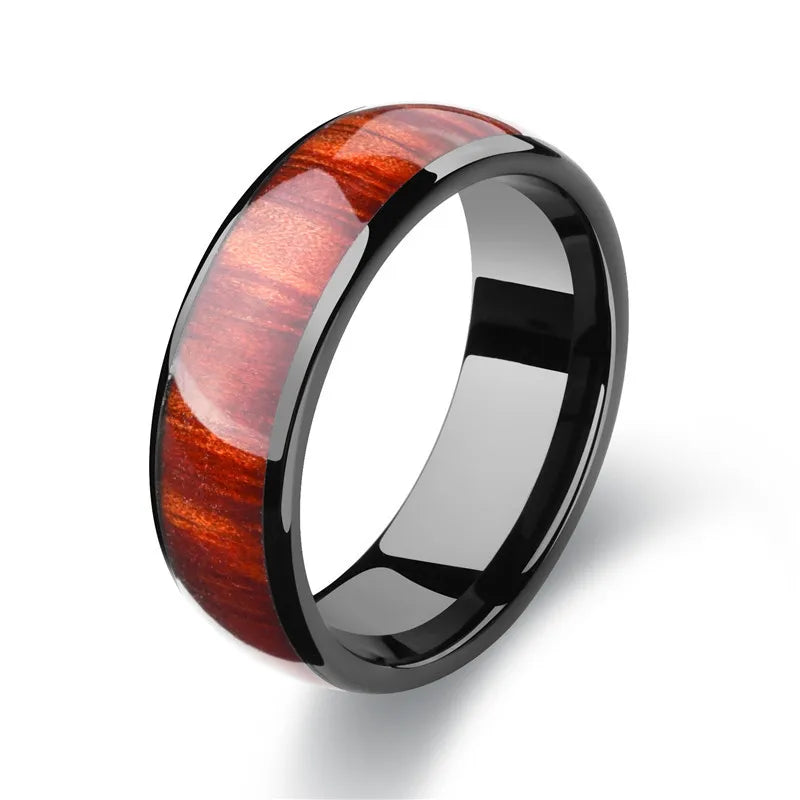 Stainless Steel and Wood Inlay Titanium Ring - Unisex Retro Jewelry