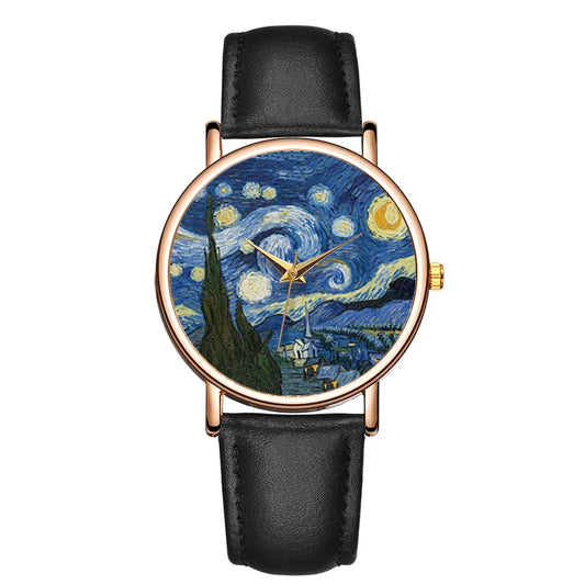 Creative Women's Watches Van Gogh Paintings The Starry Night Bracelet Simple Three-pin Leather Strap Ladies Watch Gift For Women