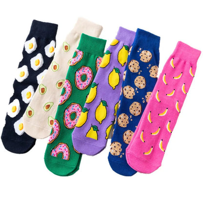 Women Socks Funny Cute Cartoon Fruits Banana Avocado Lemon Egg Cookie Donuts Food Happy Japanese Harajuku skateboard Socks