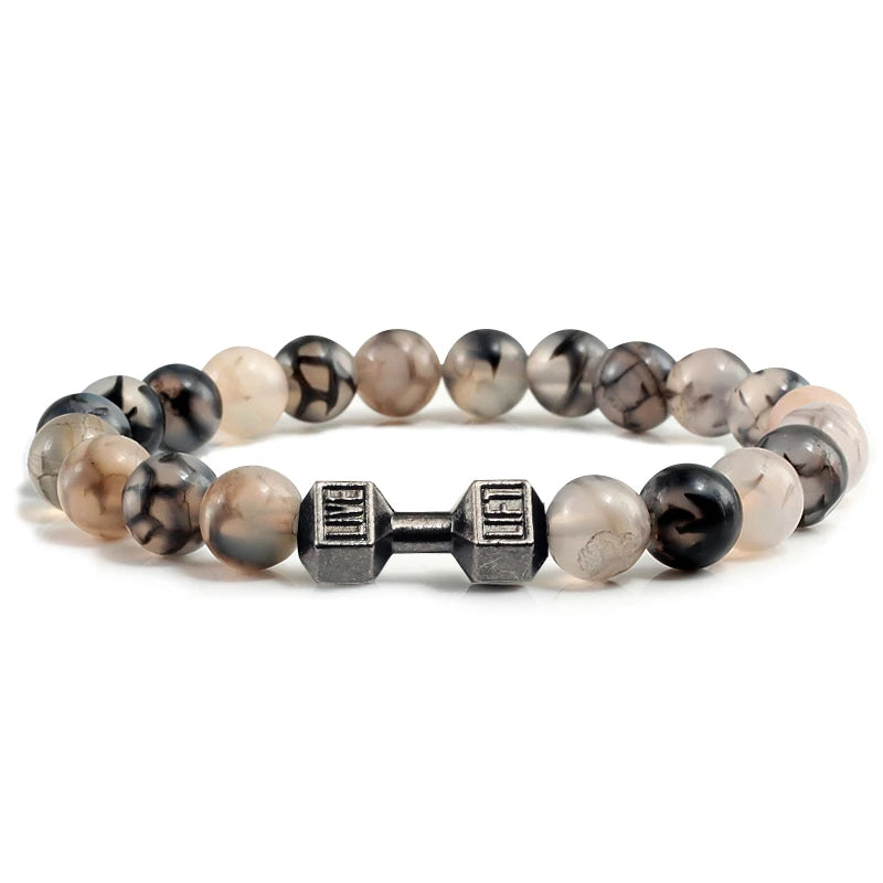 Volcanic Stone Bracelet for Men and Women with Matte Black Lava and White Beads, Dumbbell Charm Fitness Jewelry