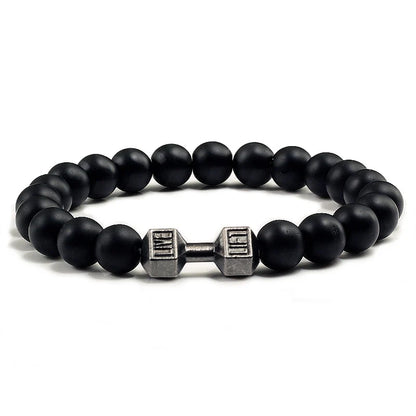 Volcanic Stone Bracelet for Men and Women with Matte Black Lava and White Beads, Dumbbell Charm Fitness Jewelry