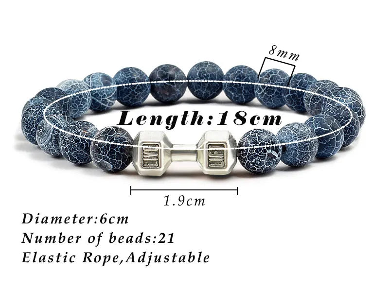 Volcanic Stone Bracelet for Men and Women with Matte Black Lava and White Beads, Dumbbell Charm Fitness Jewelry