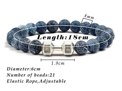 Volcanic Stone Bracelet for Men and Women with Matte Black Lava and White Beads, Dumbbell Charm Fitness Jewelry