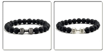 Volcanic Stone Bracelet for Men and Women with Matte Black Lava and White Beads, Dumbbell Charm Fitness Jewelry