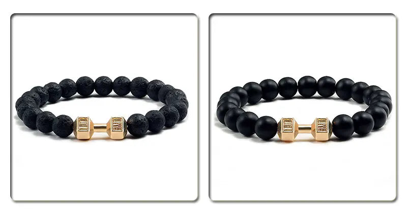 Volcanic Stone Bracelet for Men and Women with Matte Black Lava and White Beads, Dumbbell Charm Fitness Jewelry