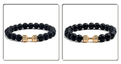 Volcanic Stone Bracelet for Men and Women with Matte Black Lava and White Beads, Dumbbell Charm Fitness Jewelry