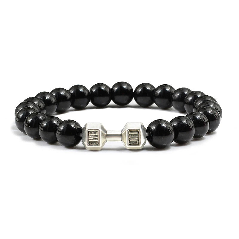 Volcanic Stone Bracelet for Men and Women with Matte Black Lava and White Beads, Dumbbell Charm Fitness Jewelry