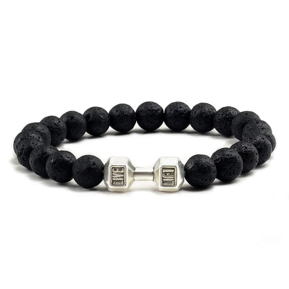 Volcanic Stone Bracelet for Men and Women with Matte Black Lava and White Beads, Dumbbell Charm Fitness Jewelry