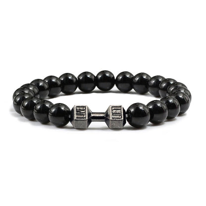 Volcanic Stone Bracelet for Men and Women with Matte Black Lava and White Beads, Dumbbell Charm Fitness Jewelry