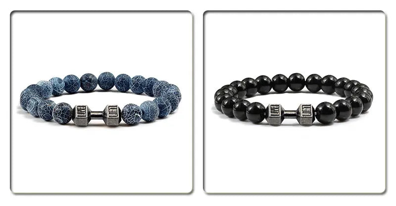 Volcanic Stone Bracelet for Men and Women with Matte Black Lava and White Beads, Dumbbell Charm Fitness Jewelry