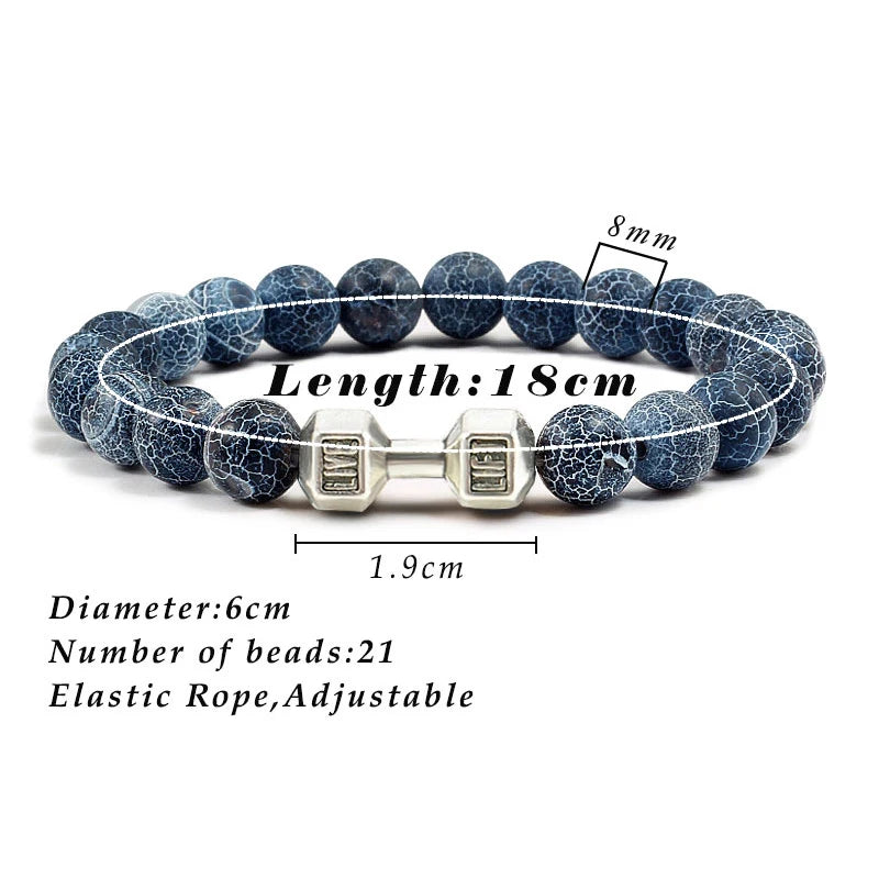 Volcanic Stone Bracelet for Men and Women with Matte Black Lava and White Beads, Dumbbell Charm Fitness Jewelry