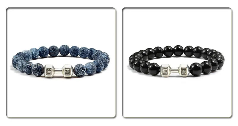 Volcanic Stone Bracelet for Men and Women with Matte Black Lava and White Beads, Dumbbell Charm Fitness Jewelry