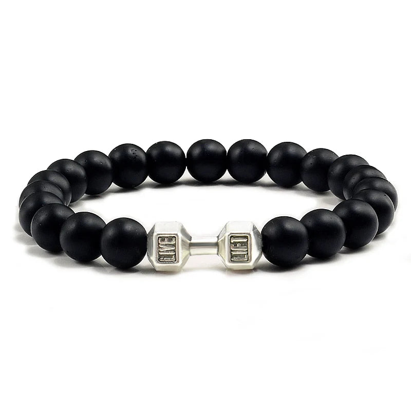 Volcanic Stone Bracelet for Men and Women with Matte Black Lava and White Beads, Dumbbell Charm Fitness Jewelry