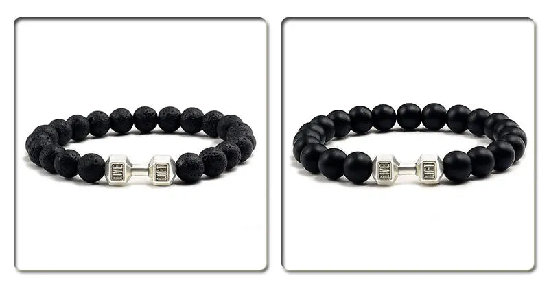 Volcanic Stone Bracelet for Men and Women with Matte Black Lava and White Beads, Dumbbell Charm Fitness Jewelry