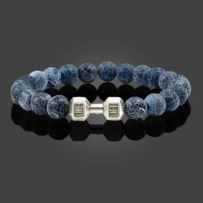 Volcanic Stone Bracelet for Men and Women with Matte Black Lava and White Beads, Dumbbell Charm Fitness Jewelry