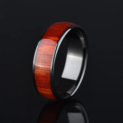 Stainless Steel and Wood Inlay Titanium Ring - Unisex Retro Jewelry