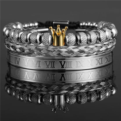 Royal Crown Men's Bracelet Set – Stainless Steel and Macrame Roman Design, Couple Jewelry Gift