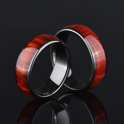 Stainless Steel and Wood Inlay Titanium Ring - Unisex Retro Jewelry