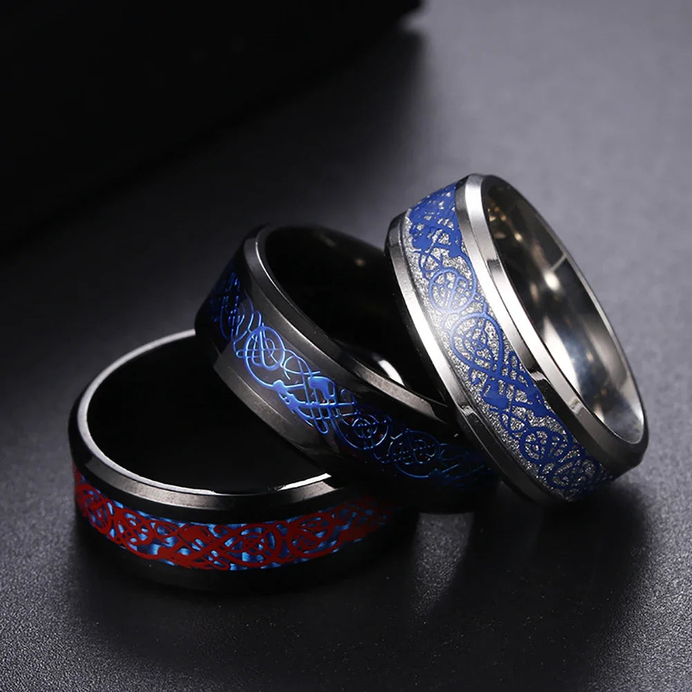 Titanium Stainless Steel Celtic Dragon Ring - Men's and Women's Wedding Band with Carbon Fiber Inlay