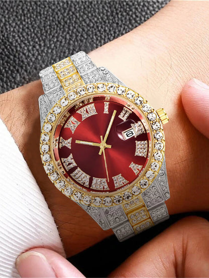 Sleek Quartz Watch with Faux Diamond Steel Strap