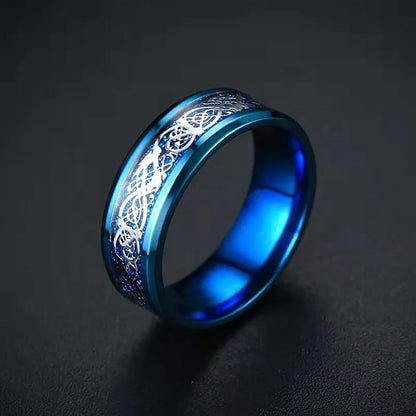 Titanium Stainless Steel Celtic Dragon Ring - Men's and Women's Wedding Band with Carbon Fiber Inlay