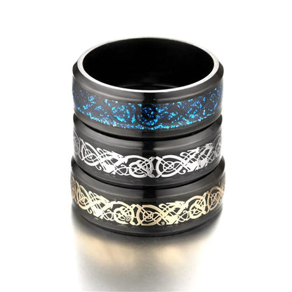 Titanium Stainless Steel Celtic Dragon Ring - Men's and Women's Wedding Band with Carbon Fiber Inlay