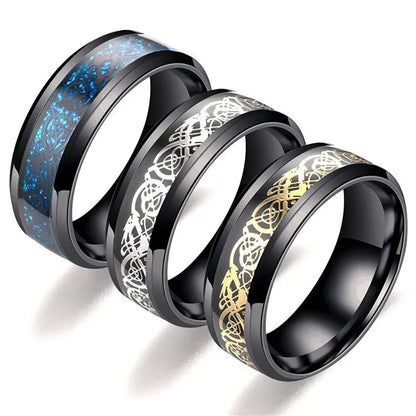 Titanium Stainless Steel Celtic Dragon Ring - Men's and Women's Wedding Band with Carbon Fiber Inlay