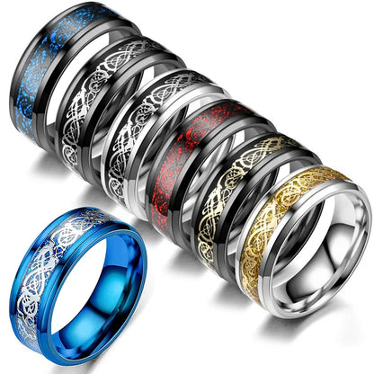 Titanium Stainless Steel Celtic Dragon Ring - Men's and Women's Wedding Band with Carbon Fiber Inlay