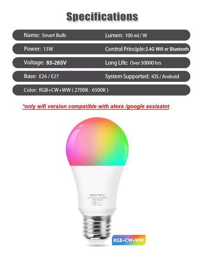 Smart WiFi/Bluetooth LED Bulb - Alexa and Google Assistant Compatible, RGB, E27, 110-220V