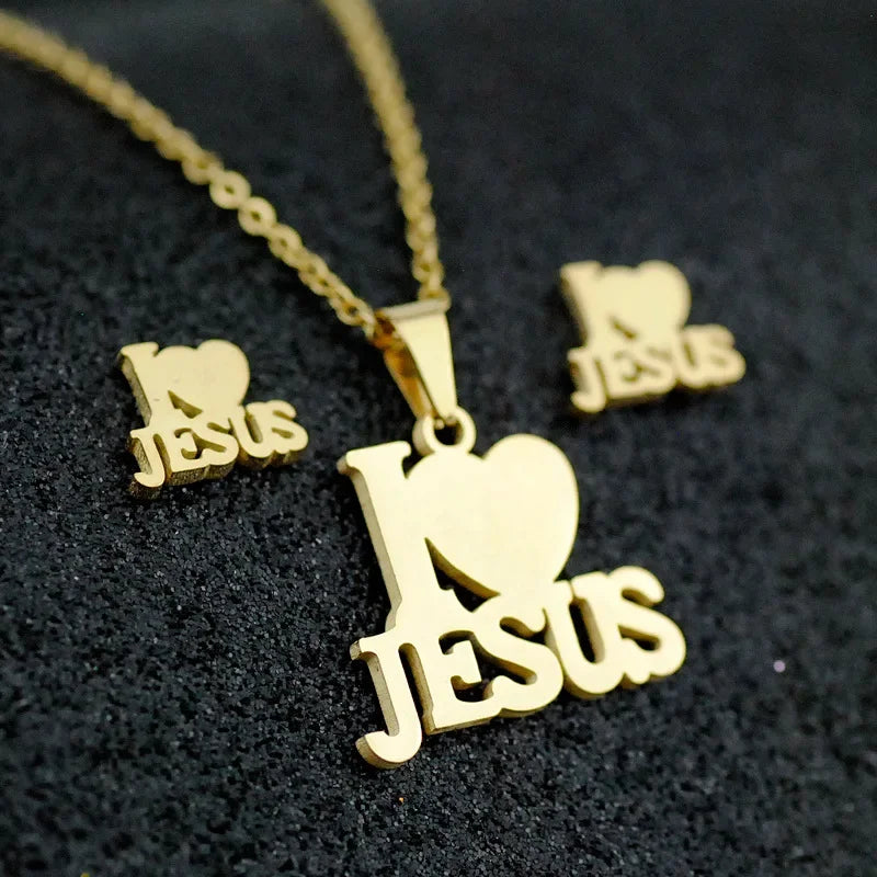 Golden Glory Set: Stainless Steel Jesus Cross Necklace and Heart Pendant