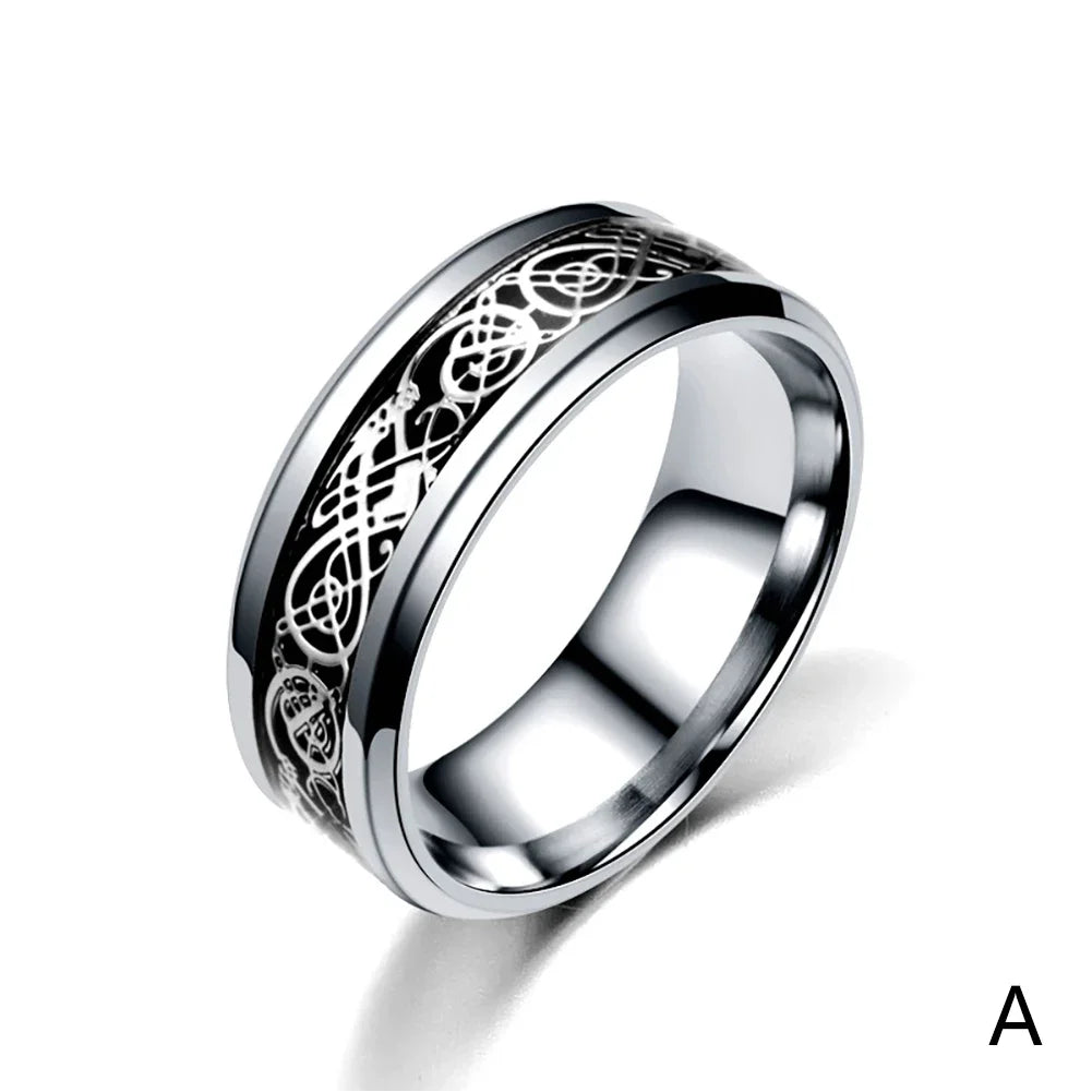 Titanium Stainless Steel Celtic Dragon Ring - Men's and Women's Wedding Band with Carbon Fiber Inlay