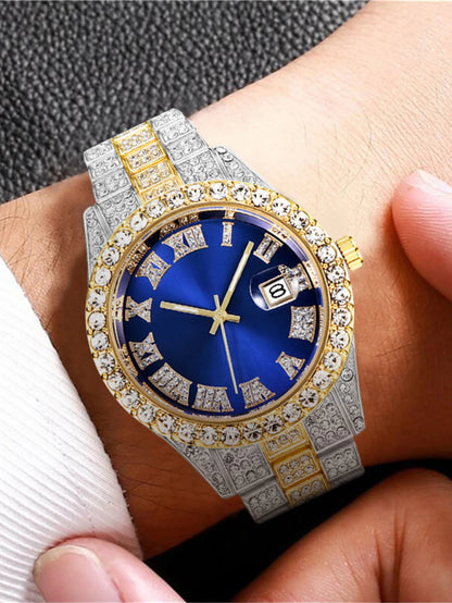 Sleek Quartz Watch with Faux Diamond Steel Strap