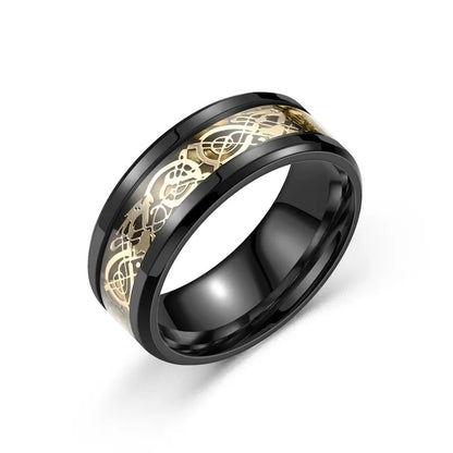 Titanium Stainless Steel Celtic Dragon Ring - Men's and Women's Wedding Band with Carbon Fiber Inlay