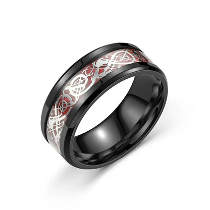 Titanium Stainless Steel Celtic Dragon Ring - Men's and Women's Wedding Band with Carbon Fiber Inlay