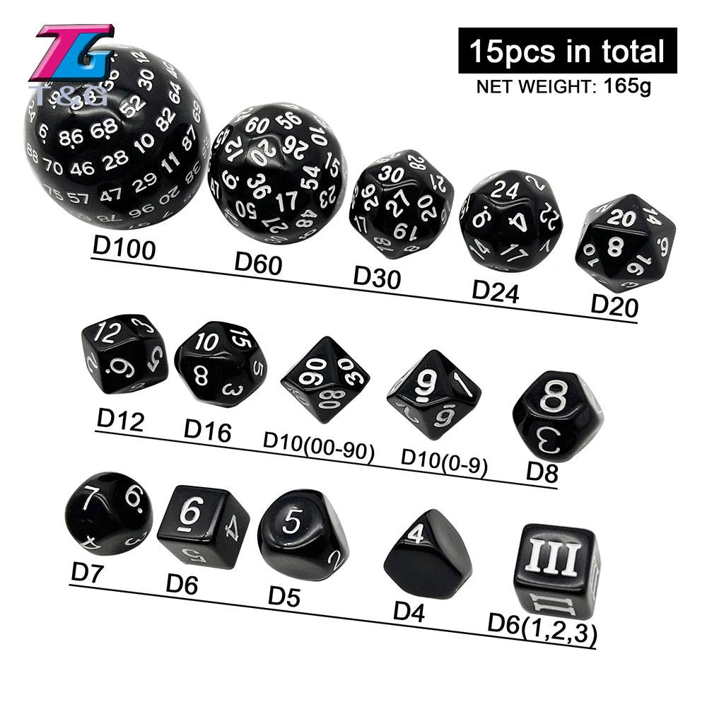 Polyhedral Dice Set 15 Pcs in Velvet Bag 🎲 DND RPG Board Game Accessories