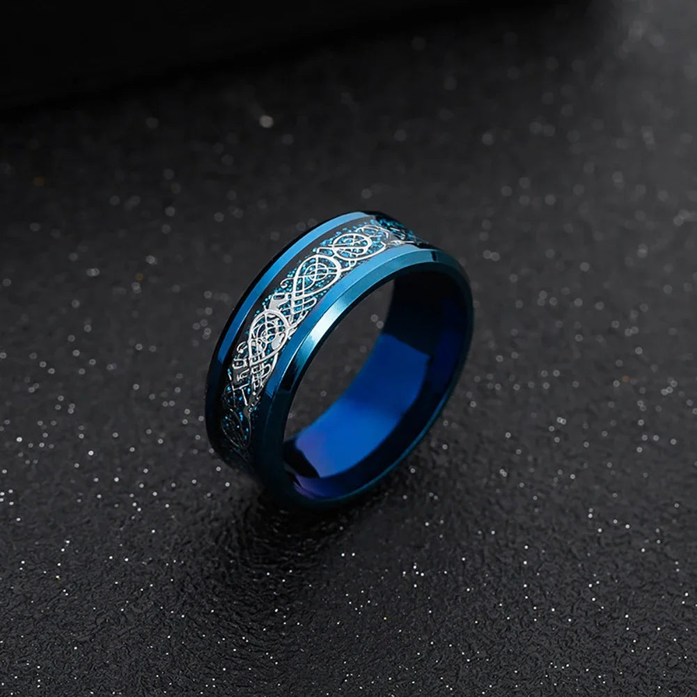 Titanium Stainless Steel Celtic Dragon Ring - Men's and Women's Wedding Band with Carbon Fiber Inlay