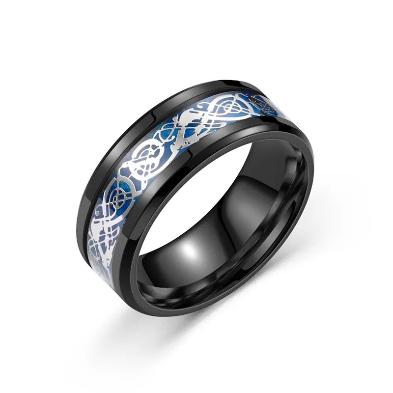 Titanium Stainless Steel Celtic Dragon Ring - Men's and Women's Wedding Band with Carbon Fiber Inlay