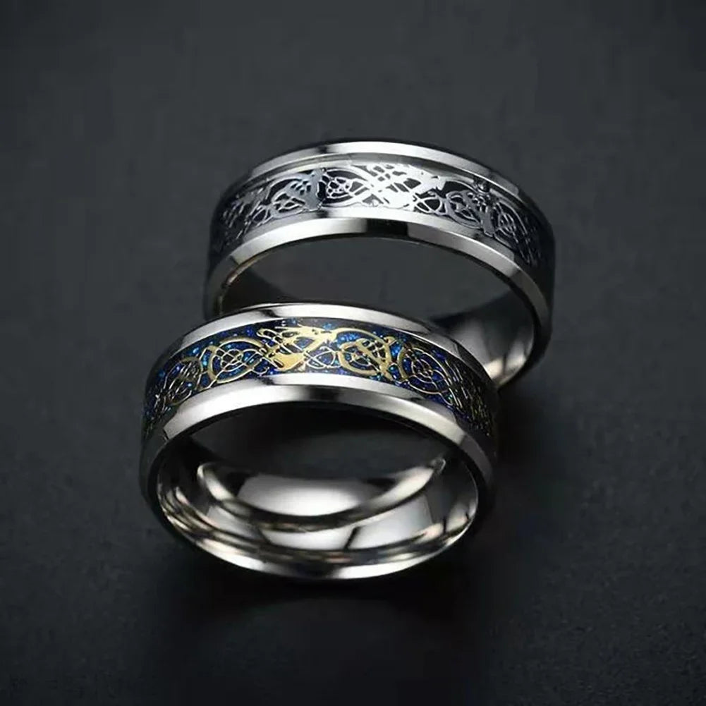 Titanium Stainless Steel Celtic Dragon Ring - Men's and Women's Wedding Band with Carbon Fiber Inlay