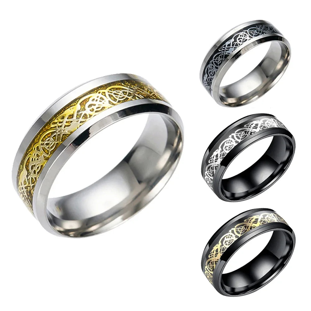 Titanium Stainless Steel Celtic Dragon Ring - Men's and Women's Wedding Band with Carbon Fiber Inlay