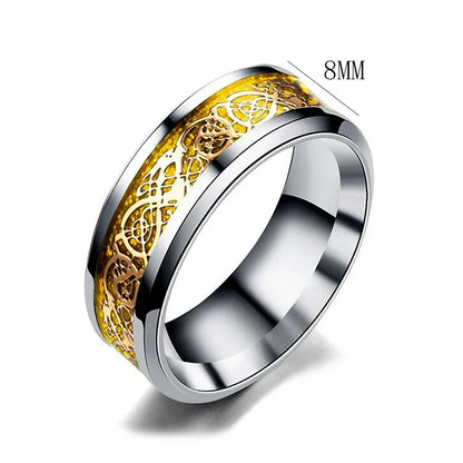 Titanium Stainless Steel Celtic Dragon Ring - Men's and Women's Wedding Band with Carbon Fiber Inlay